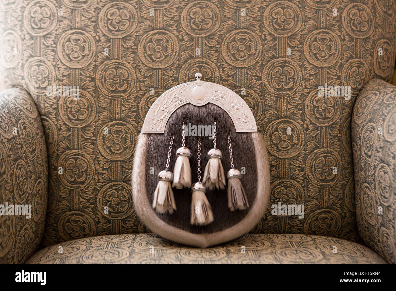 Close-up of Traditional Sporran from Isle of Man on Chair Stock Photo