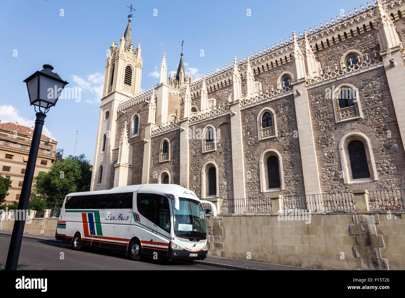 Madrid Spain,Hispanic Retiro,San Jeronimo el Real,St. Jerome Royal Church,Roman Catholic church,religion,16th-century,Gothic,architecture exterior,bus Stock Photo