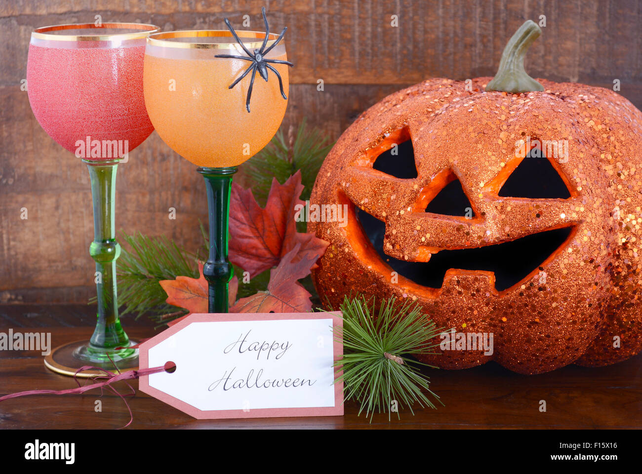 Happy Halloween table with Jack O Lantern pumpkin with party wine ...
