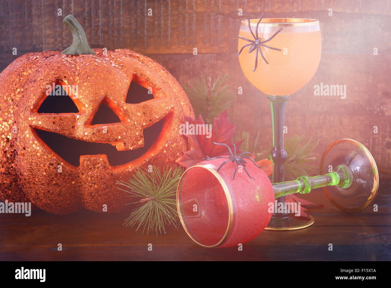 Happy Halloween table with Jack O Lantern pumpkin with party wine ...