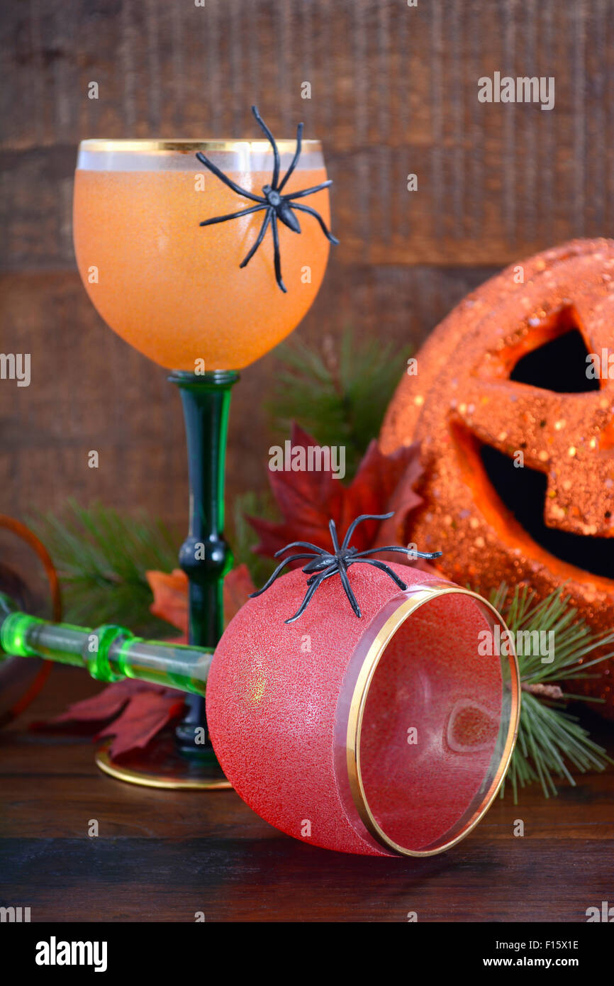 Happy Halloween table with Jack O Lantern pumpkin with party wine ...