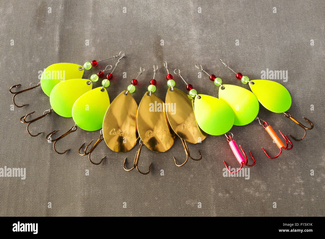 A collection of homemade spinner baits for sport fishing. Stock Photo