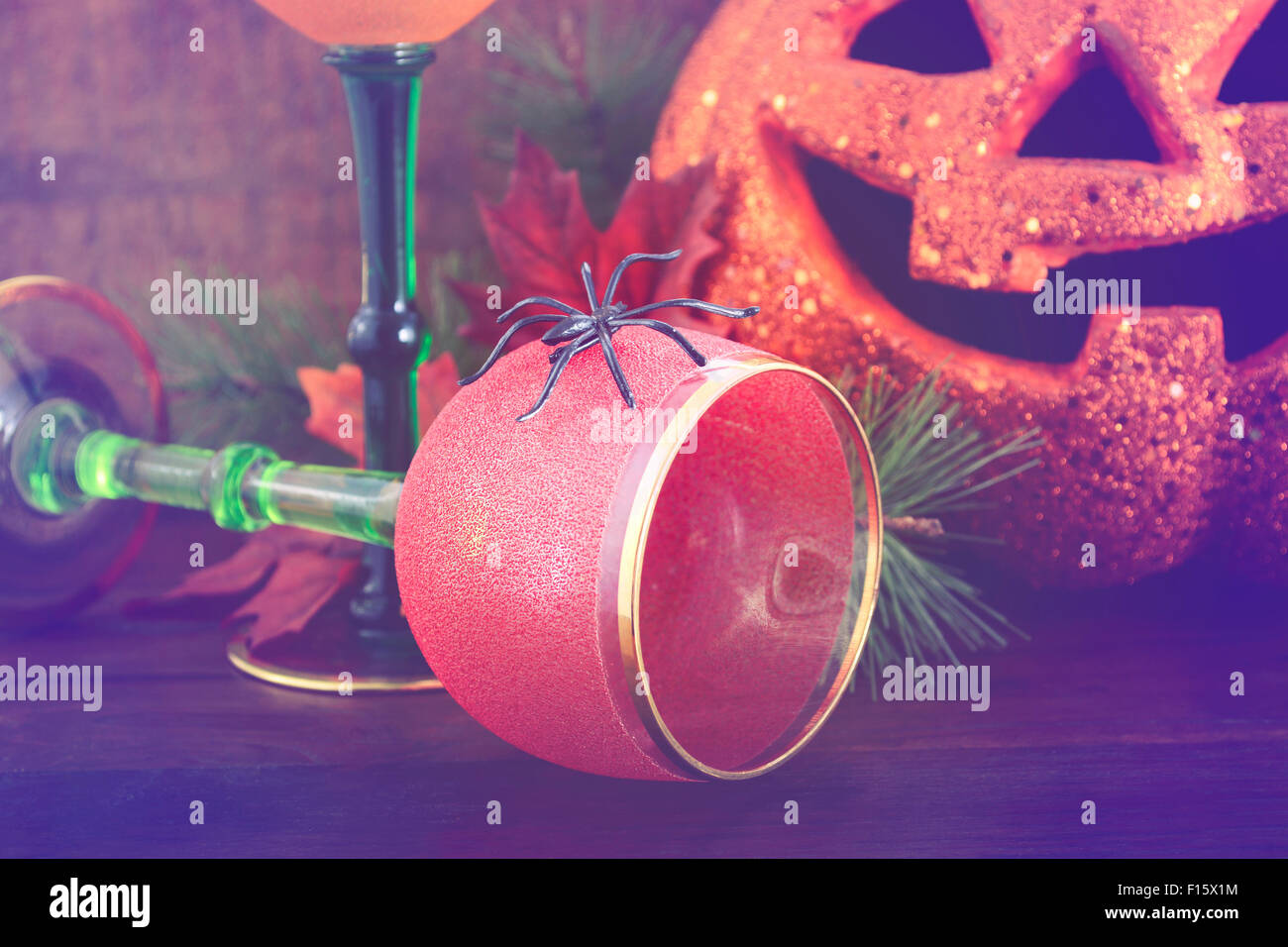 Happy Halloween table with Jack O Lantern pumpkin with party wine ...