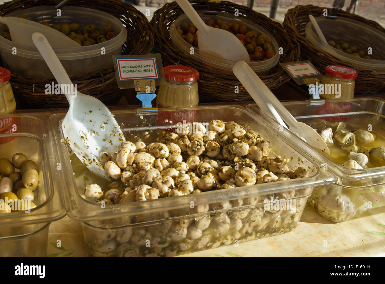 Marinated Mushrooms for sale on market stall Stock Photo Alamy