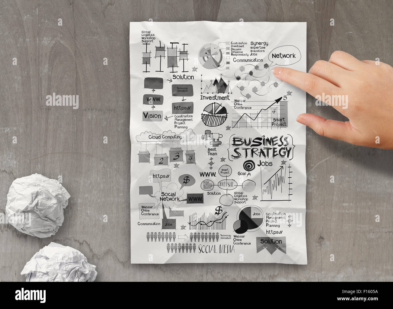 hand piont business strategy on crumpled paper background as concept ...