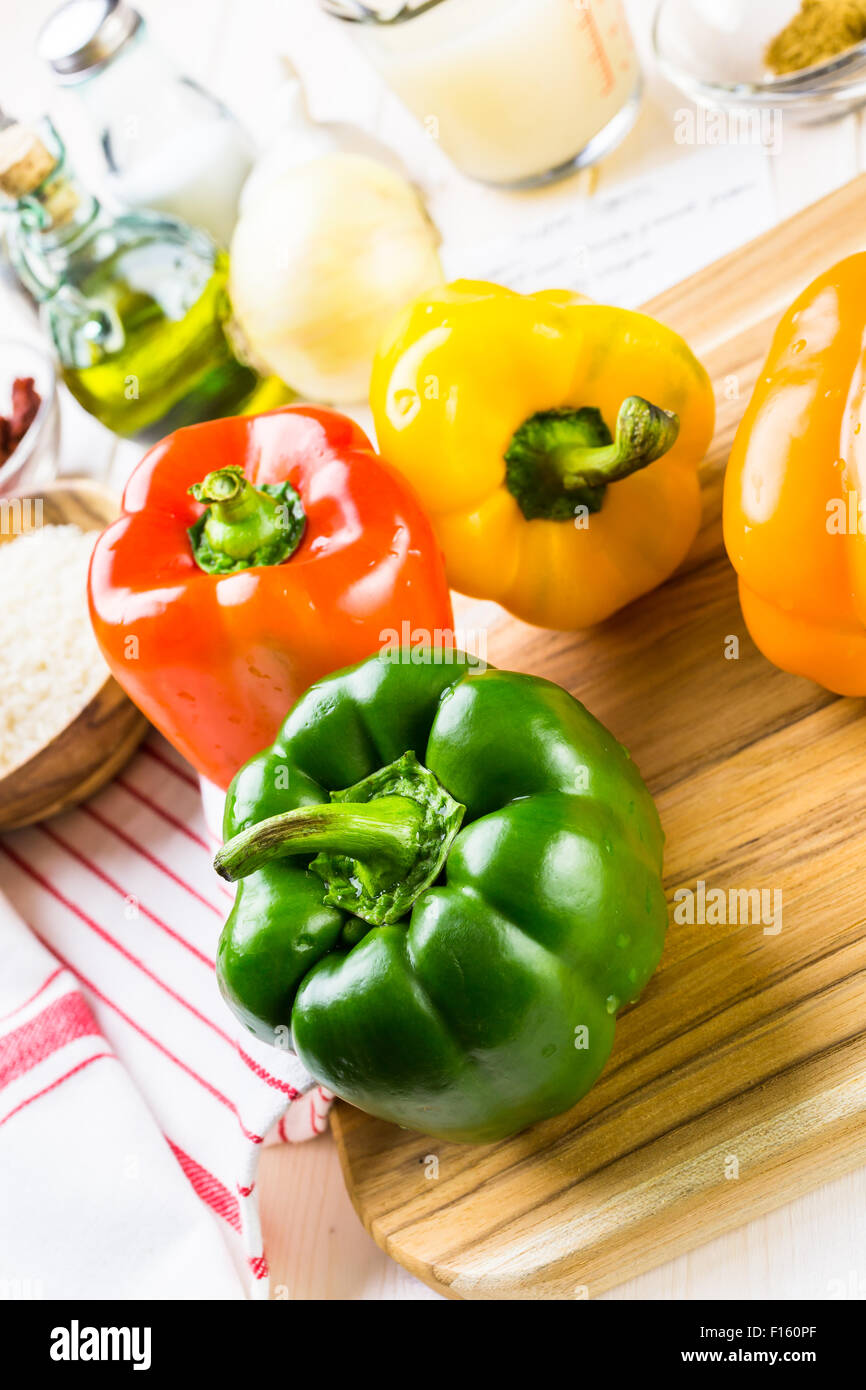 Low calorie stuffed peppers with ground turkey and white rice Stock