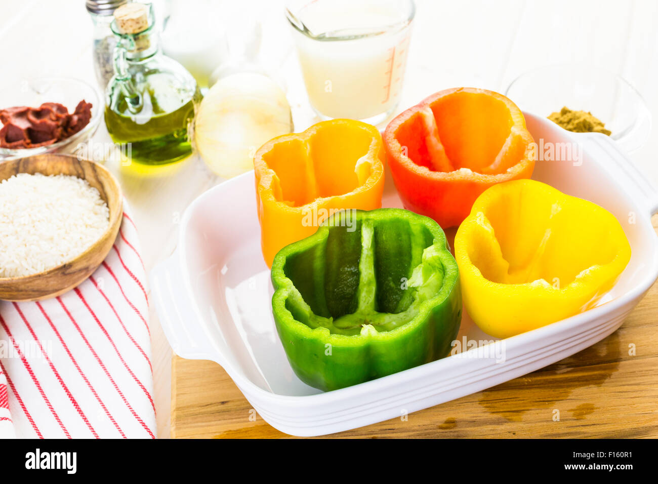 Low calorie stuffed peppers with ground turkey and white rice Stock