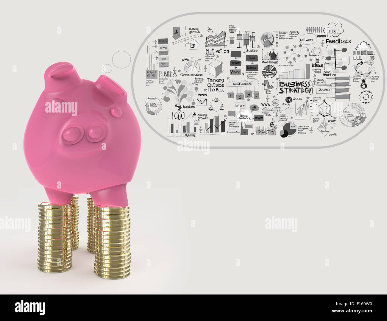pink piggy bank 3d standing over coin and hand drawn business stategy ...