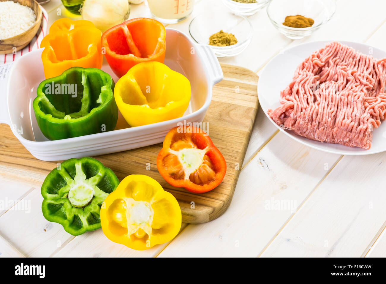 Low calorie stuffed peppers with ground turkey and white rice Stock