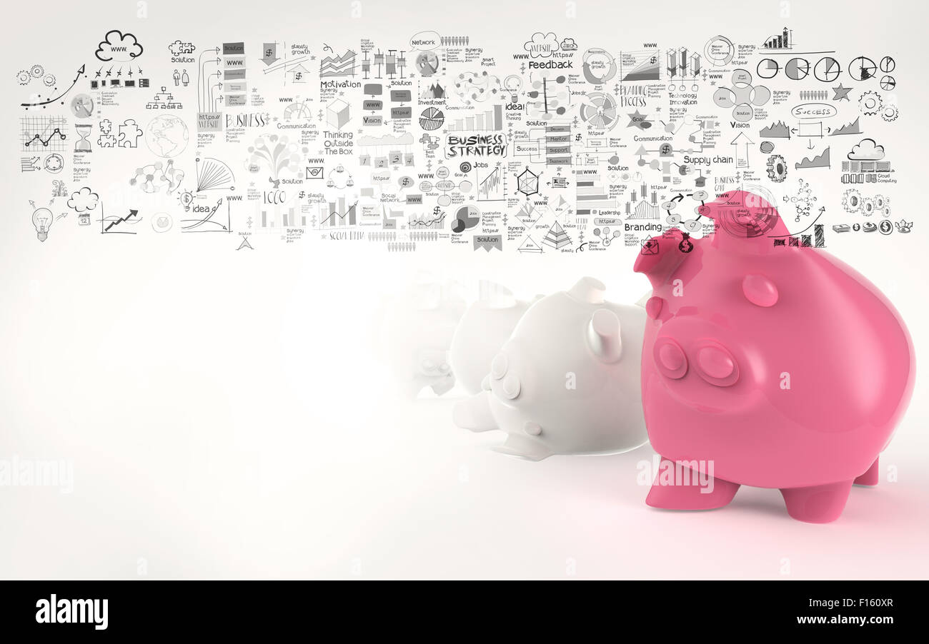 pink piggy bank 3d and hand drawn business strategy as concept Stock ...