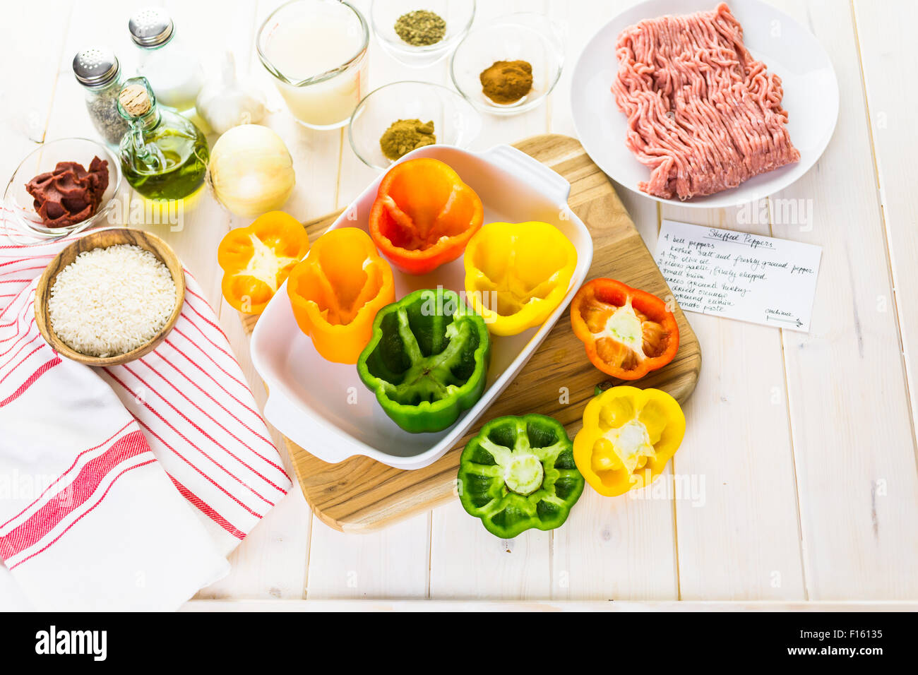 Low calorie stuffed peppers with ground turkey and white rice Stock