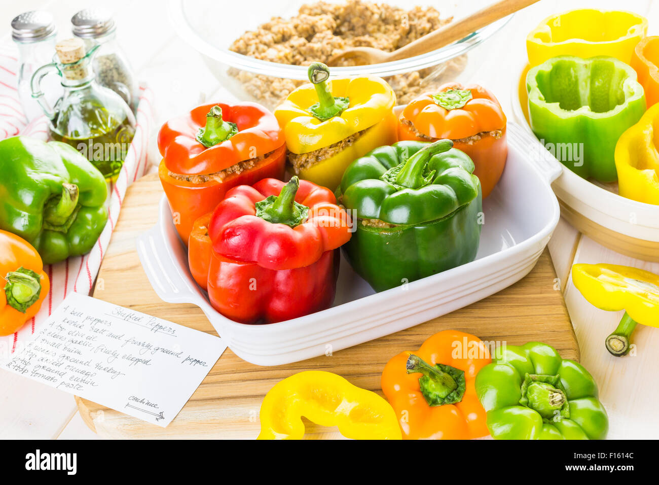 Low calorie stuffed peppers with ground turkey and white rice Stock