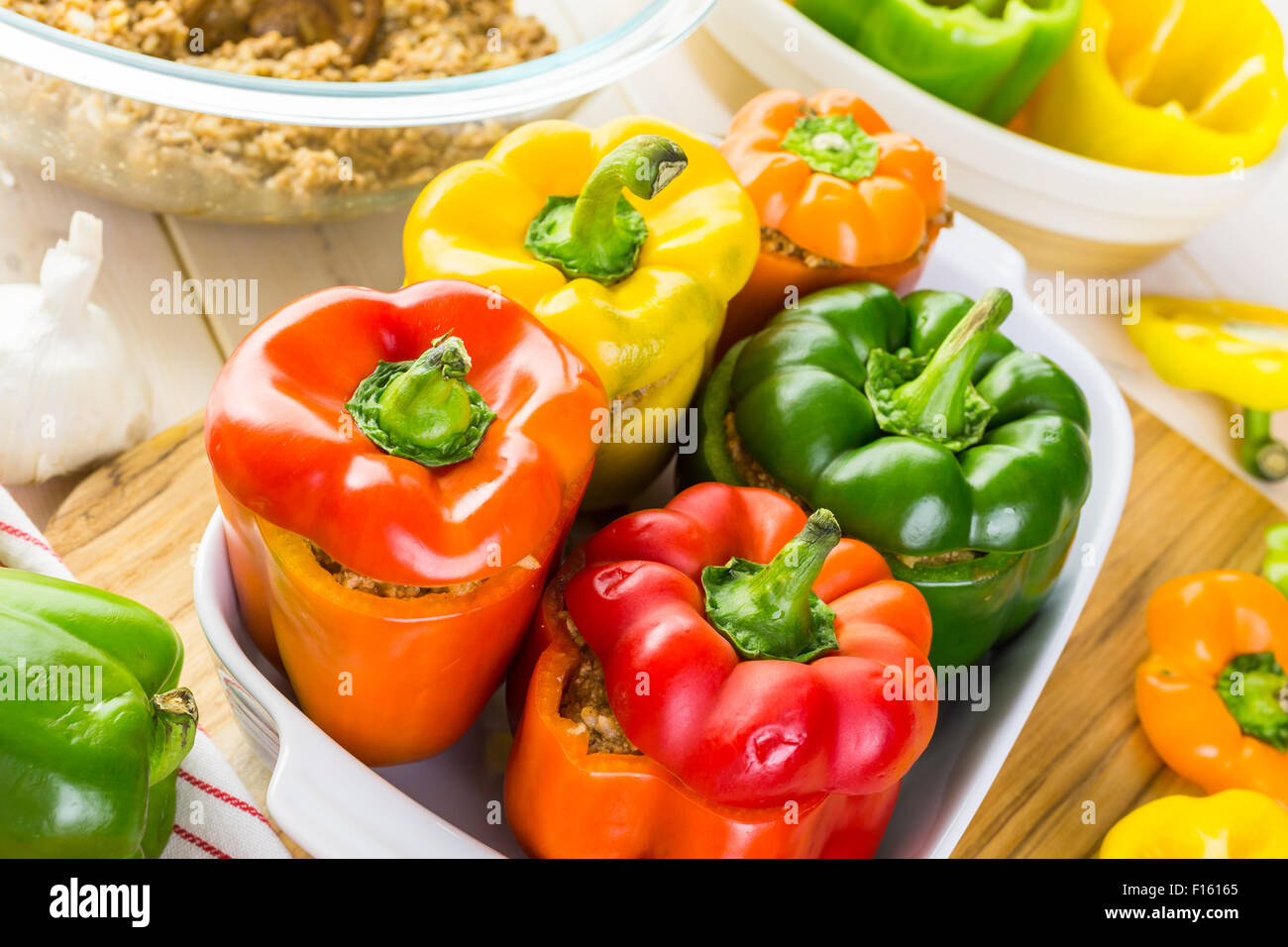 Low calorie stuffed peppers with ground turkey and white rice Stock