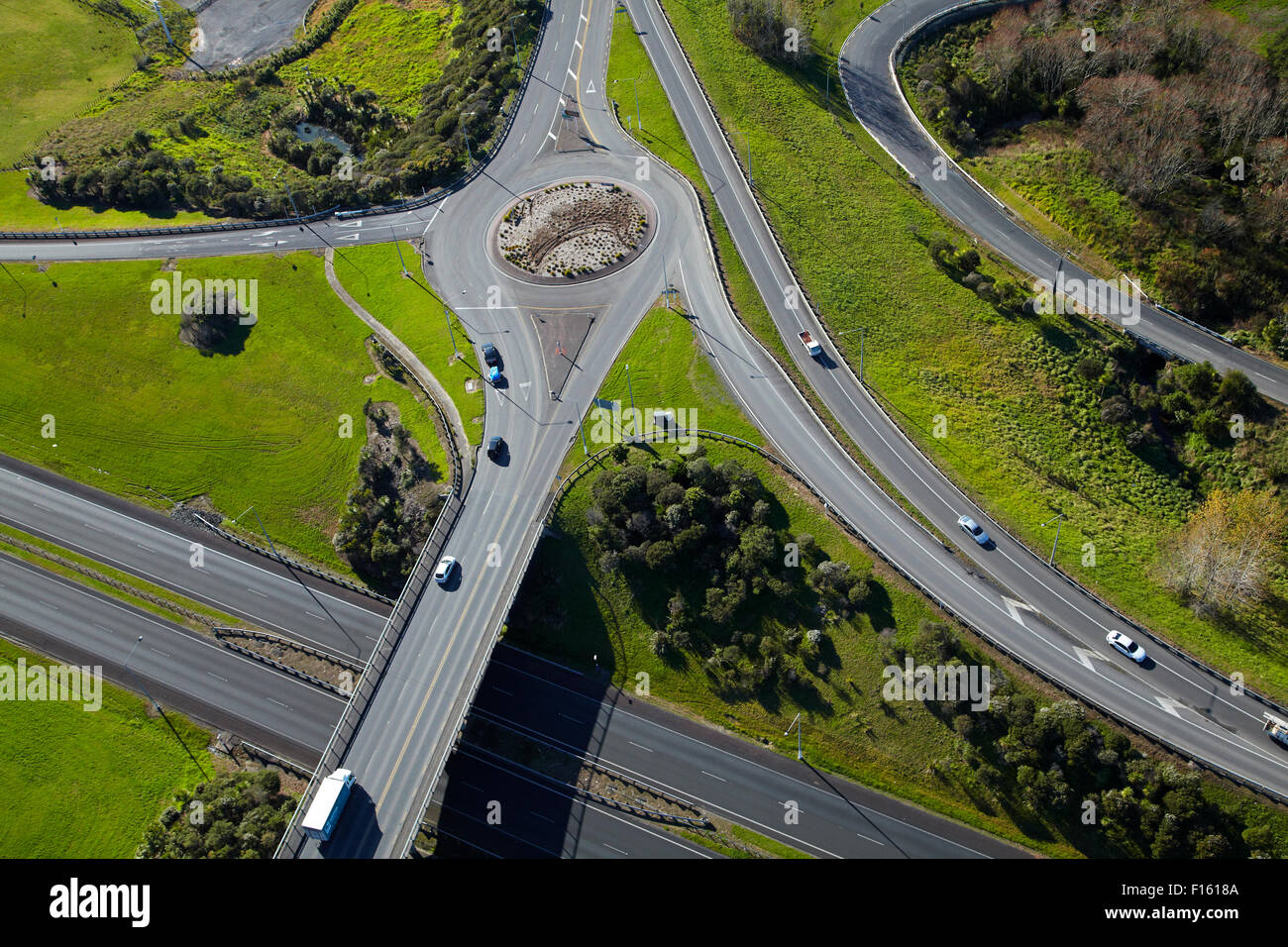 Northern Motorway interchange at Silverdale, North Auckland, North Island, New Zealand - aerial Stock Photo