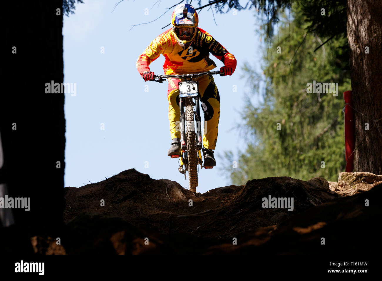 Val Di Sole, Italy - 22 August 2015: Lapierre Gravity Republic Team rider Bruni Loic, in action during the mens elite Downhill Stock Photo