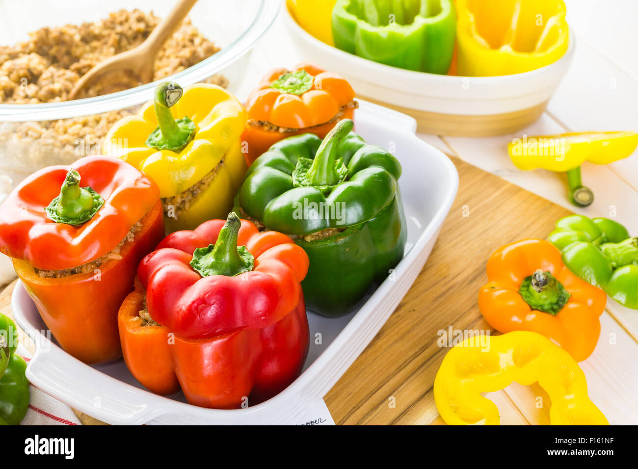 Low calorie stuffed peppers with ground turkey and white rice Stock