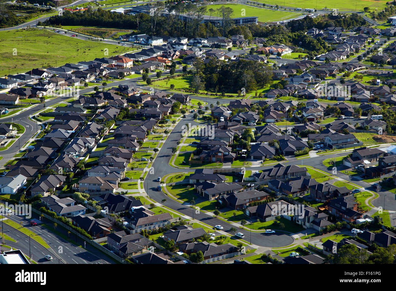 New housing development, Silverdale, North Auckland, North Island, New Zealand - aerial Stock Photo