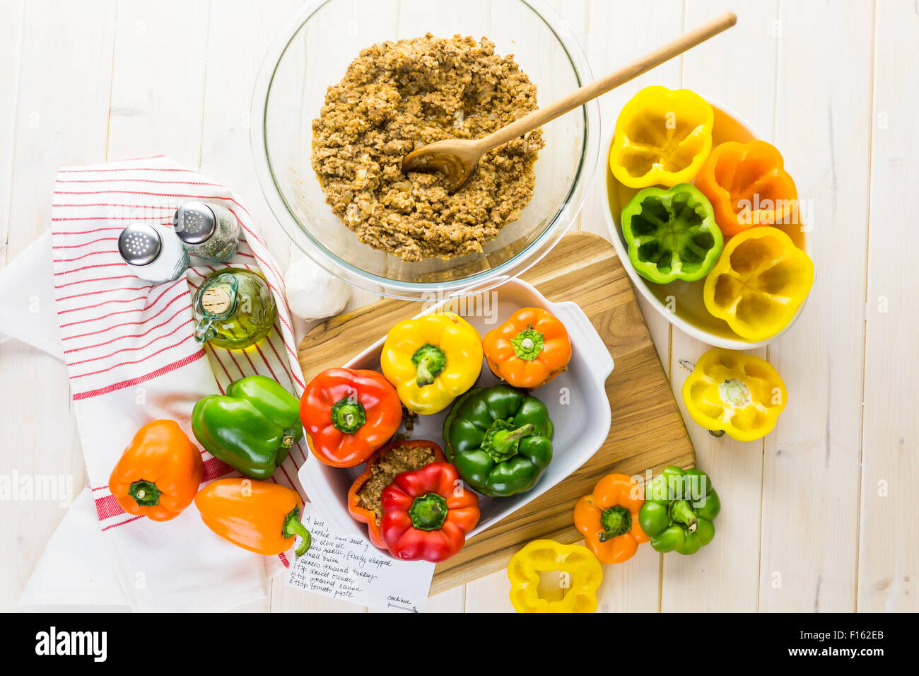 Low calorie stuffed peppers with ground turkey and white rice Stock
