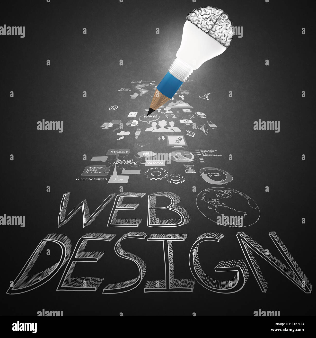 creative design hand drawn web icon as pencil lightbulb brain 3d as web design concept Stock Photo