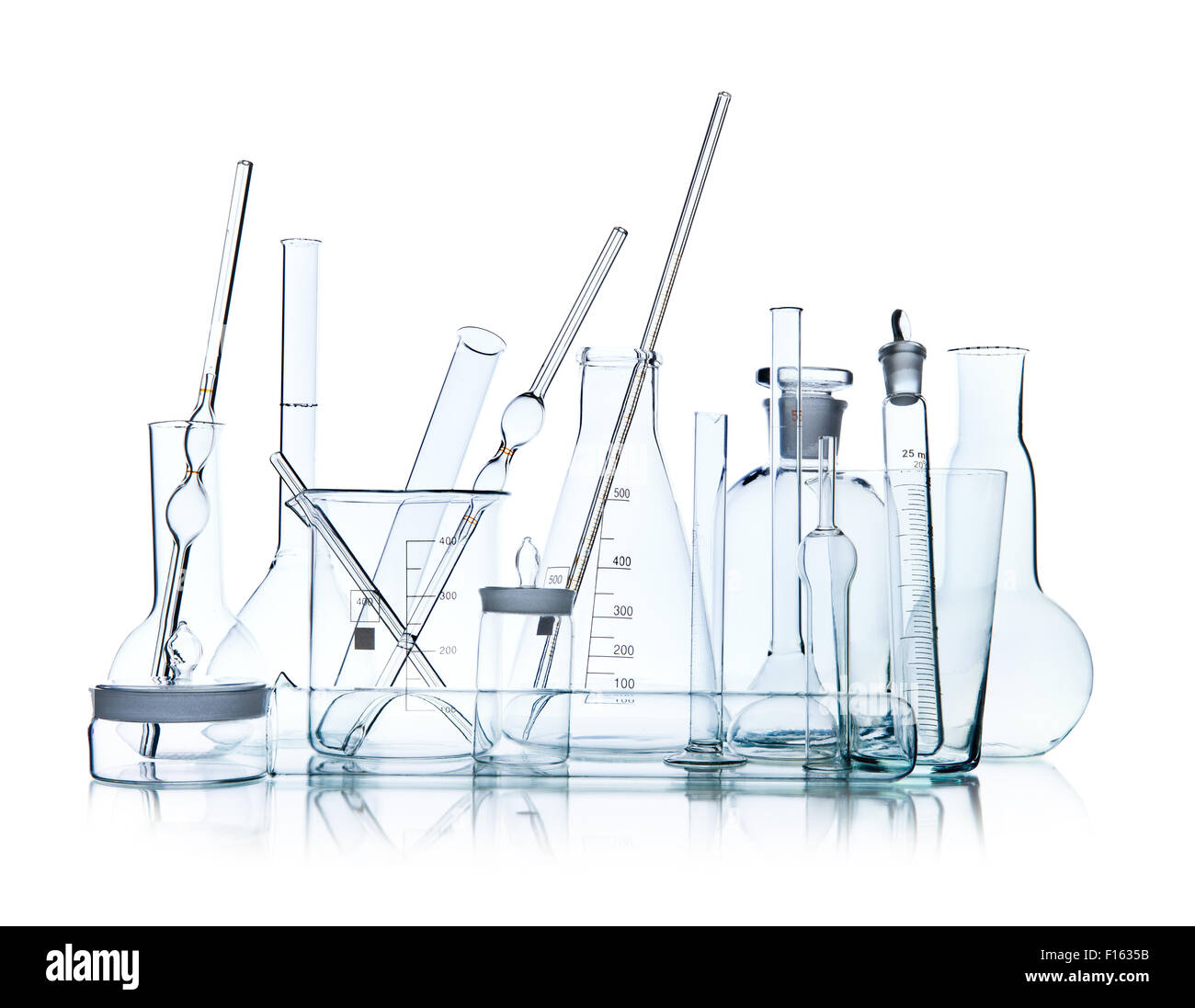 group object of  laboratory limpid glassware on white background, isolated,  horizontal photo Stock Photo