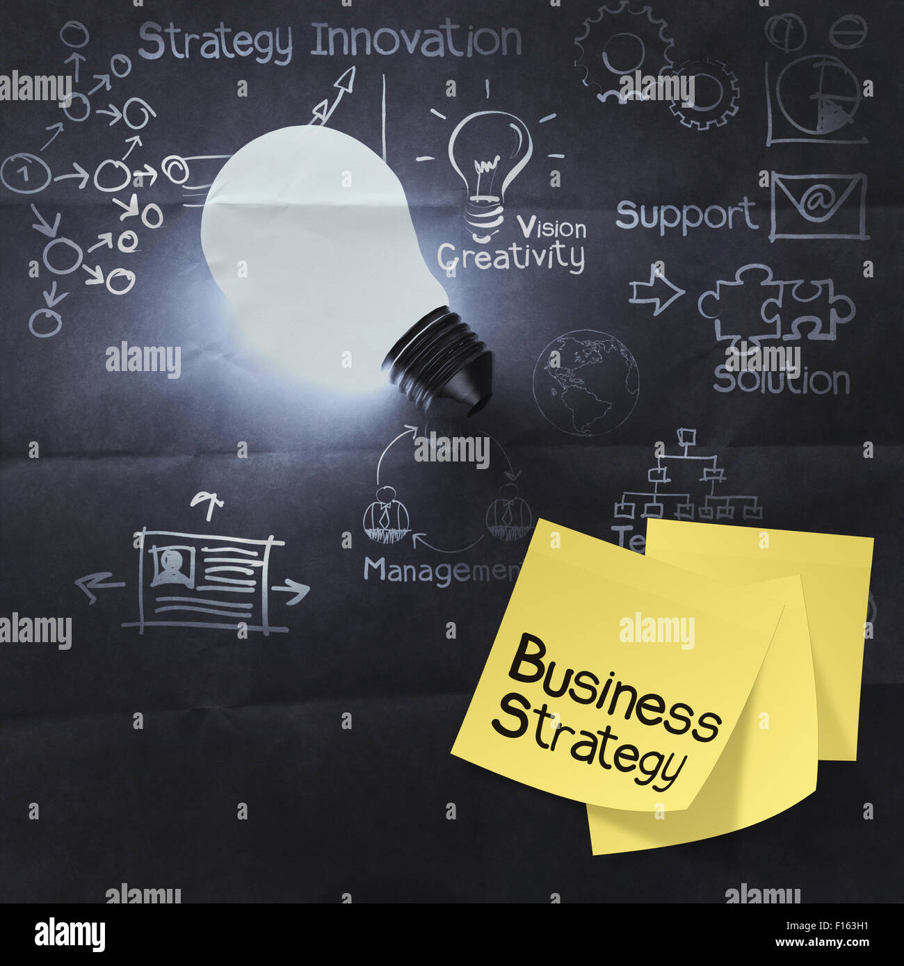 sticky note on light bulb 3d and business strategy crumpled paper ...