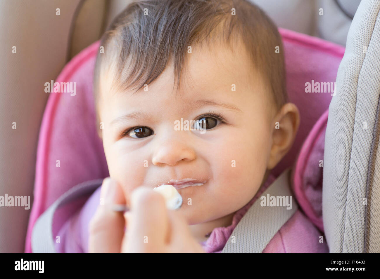 A six months old baby girl eating white yogurt from a spoon and looking at camera Stock Photo