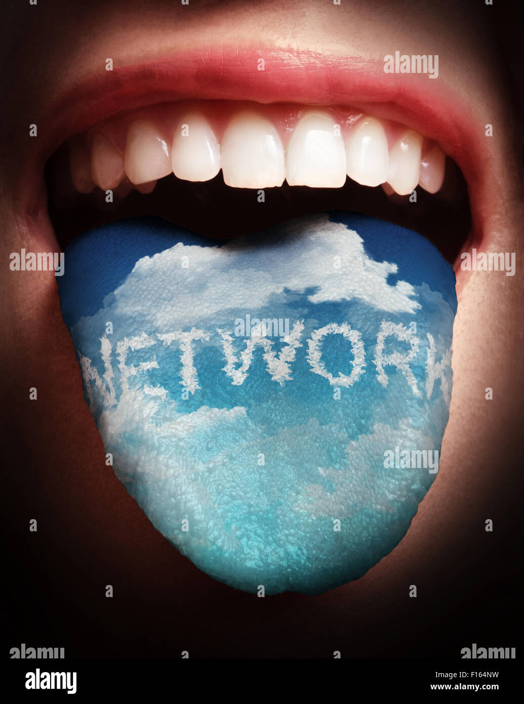 woman with open mouth spreading tongue colored in cloud networking as concept Stock Photo