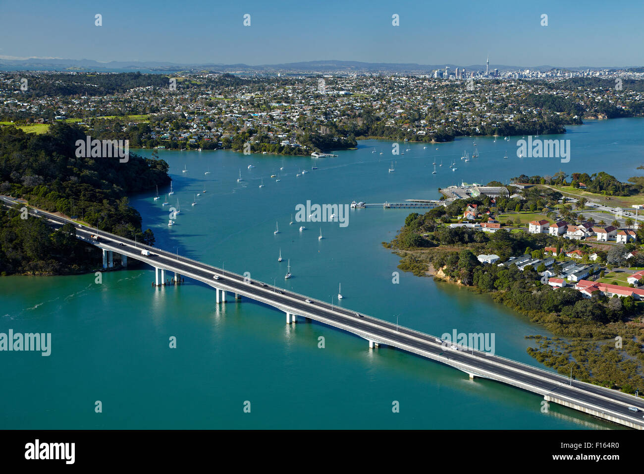 Upper Harbour Bridge (aka Greenhithe Bridge), Waitemata Harbour, Auckland, North Island, New Zealand - aerial Stock Photo