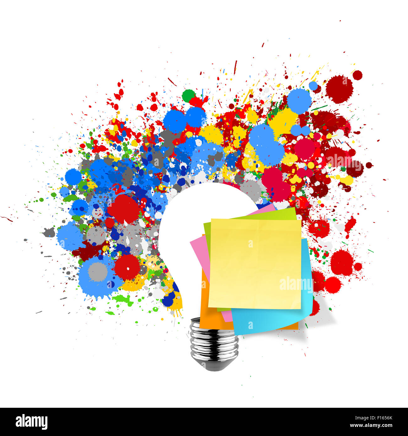blank sticky note with splash colors lightbulb on white background as concept Stock Photo