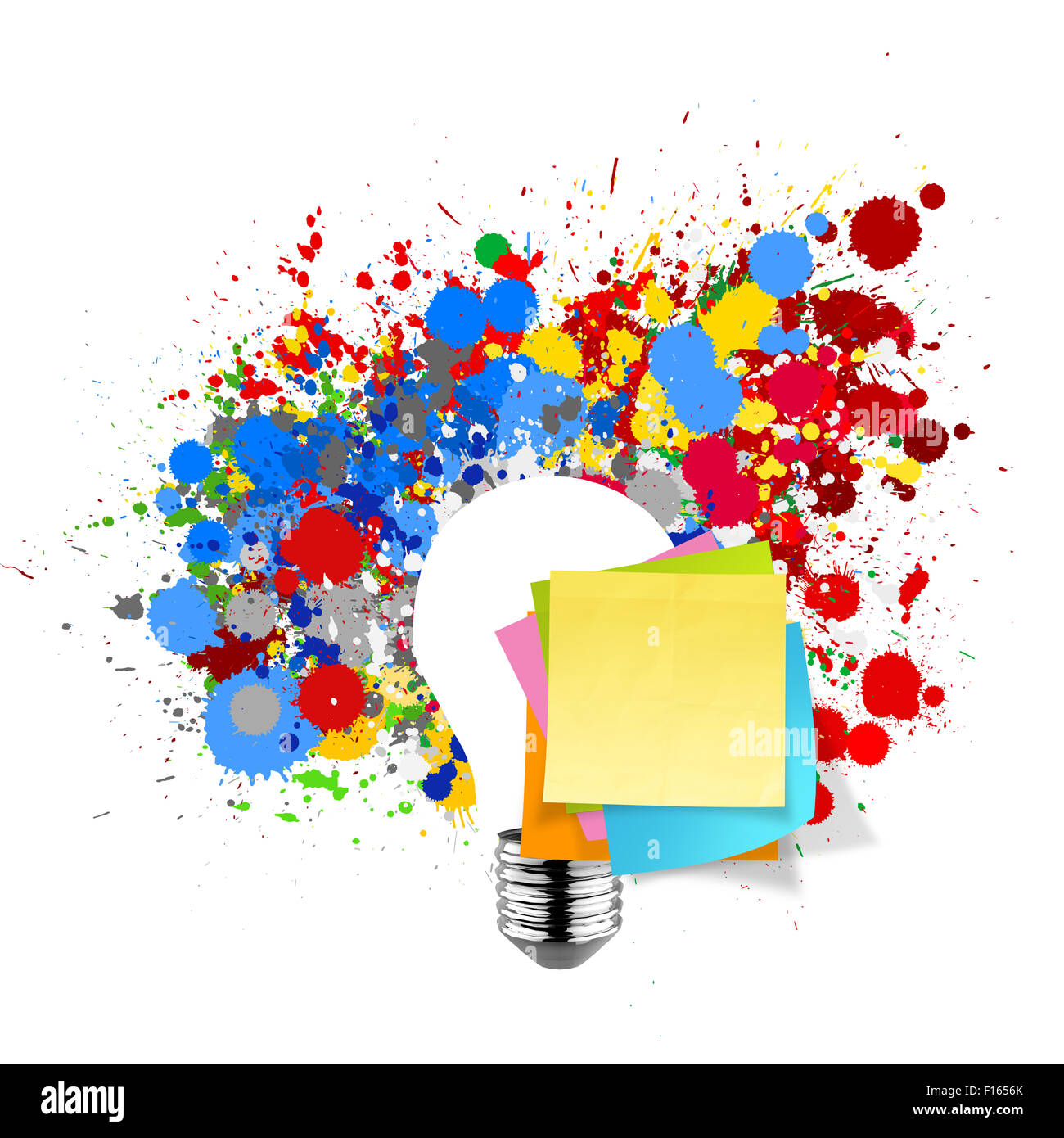 blank sticky note with splash colors lightbulb on white background as ...