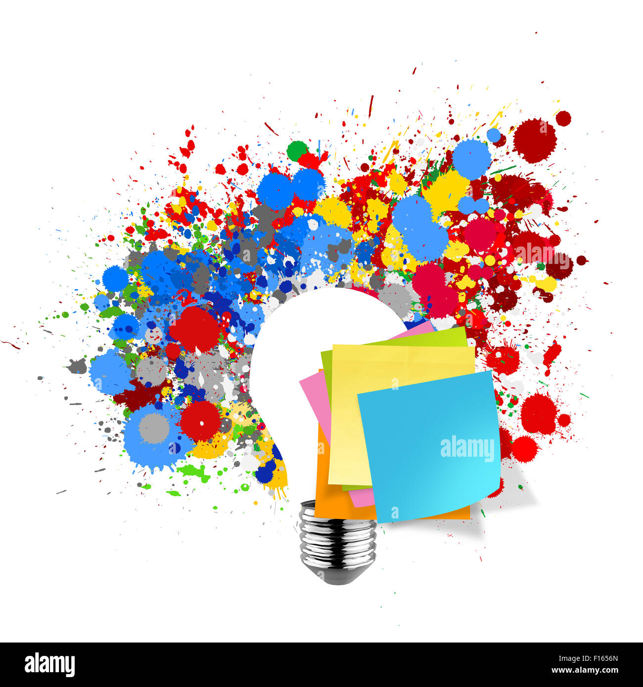 blank sticky note with splash colors lightbulb on white background as concept Stock Photo