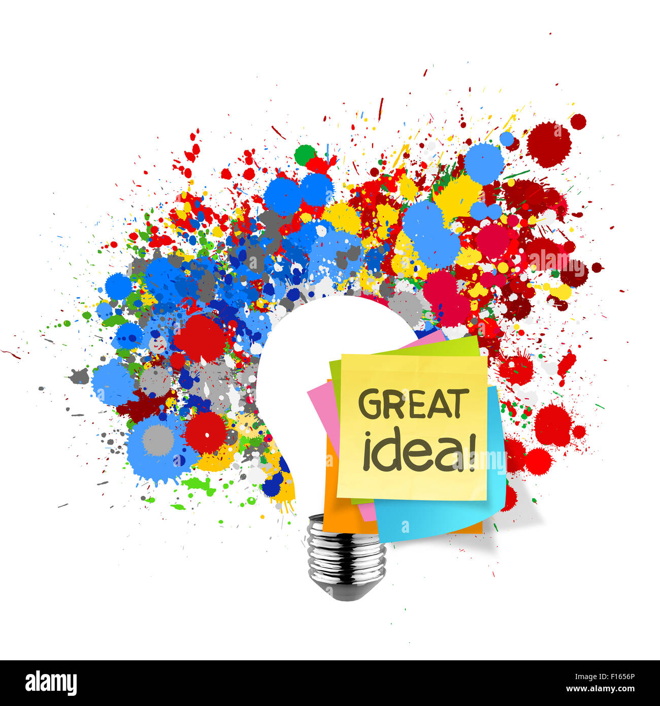 great idea sticky note with splash colors lightbulb on white background as concept Stock Photo