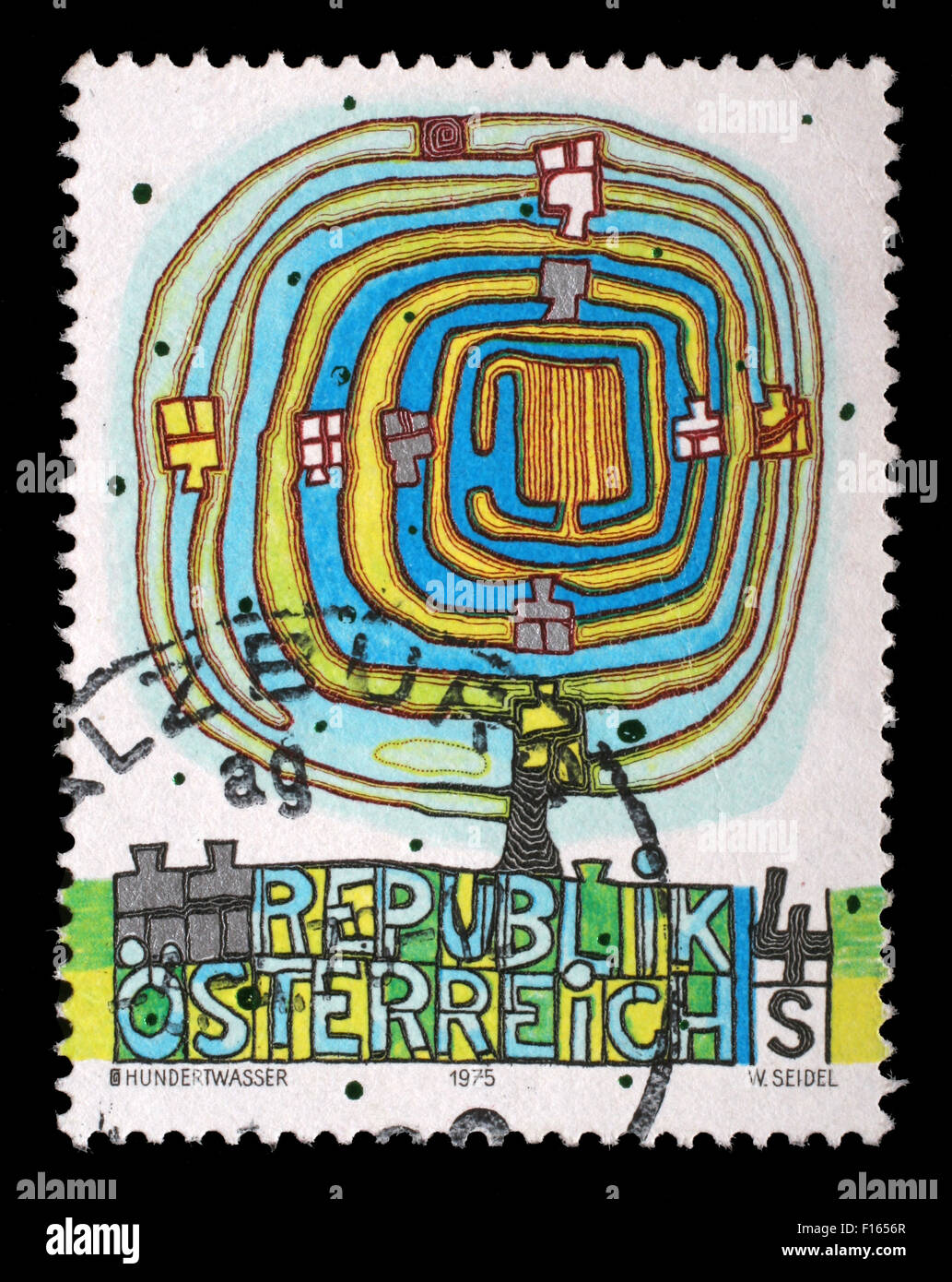 Stamp printed in the Austria shows The Spiral Tree, by Friedenstreich Hundertwasser, circa 1975 Stock Photo