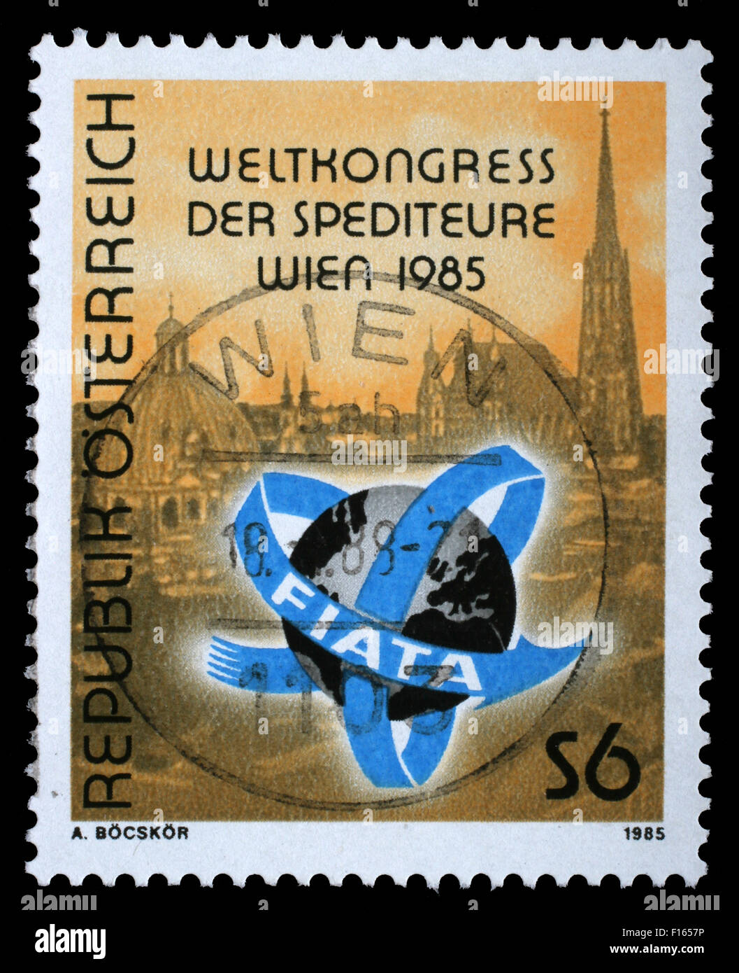 Stamp printed in the Austria shows View of Vienna, International Association of Forwarding Agents, circa 1985 Stock Photo