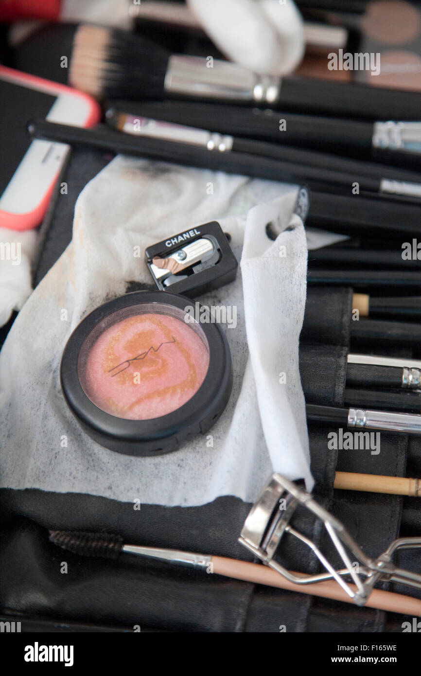 Make Up Artist Table - Mac Blusher and Chanel Sharpener Stock Photo - Alamy