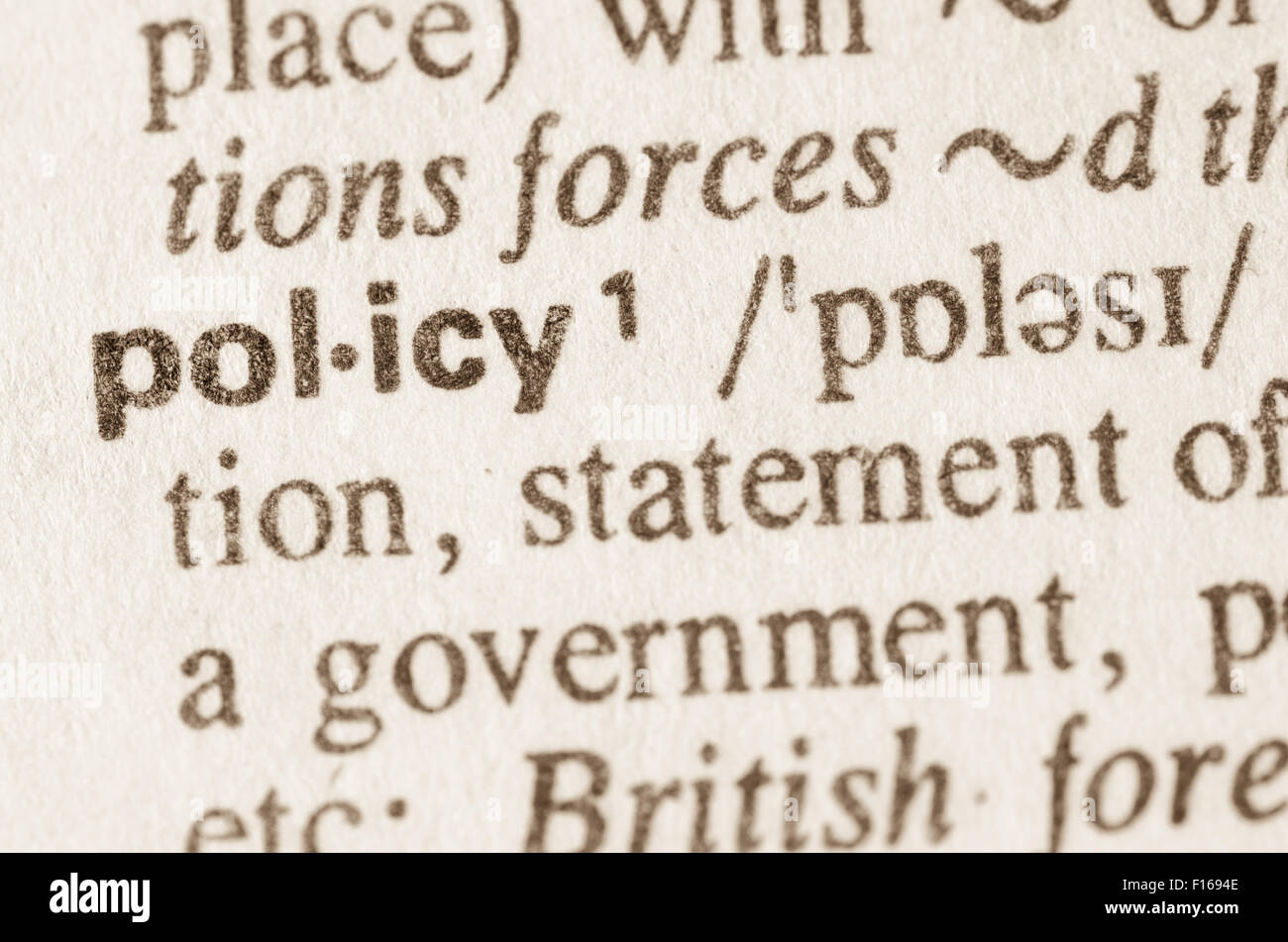 Definition of word policy in dictionary Stock Photo - Alamy