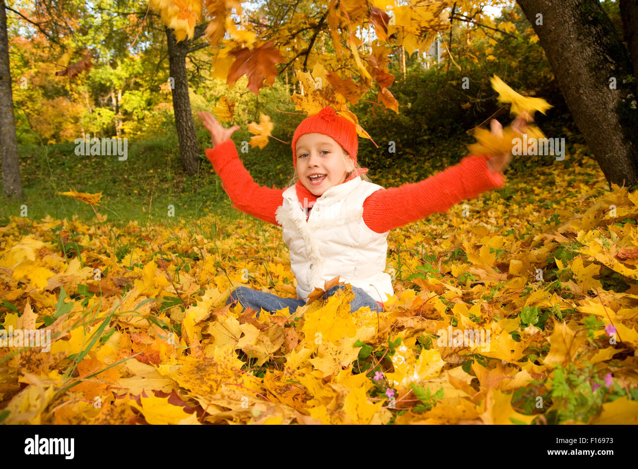 Beautiful little girl with autumn leaves outdoors Stock Photo - Alamy