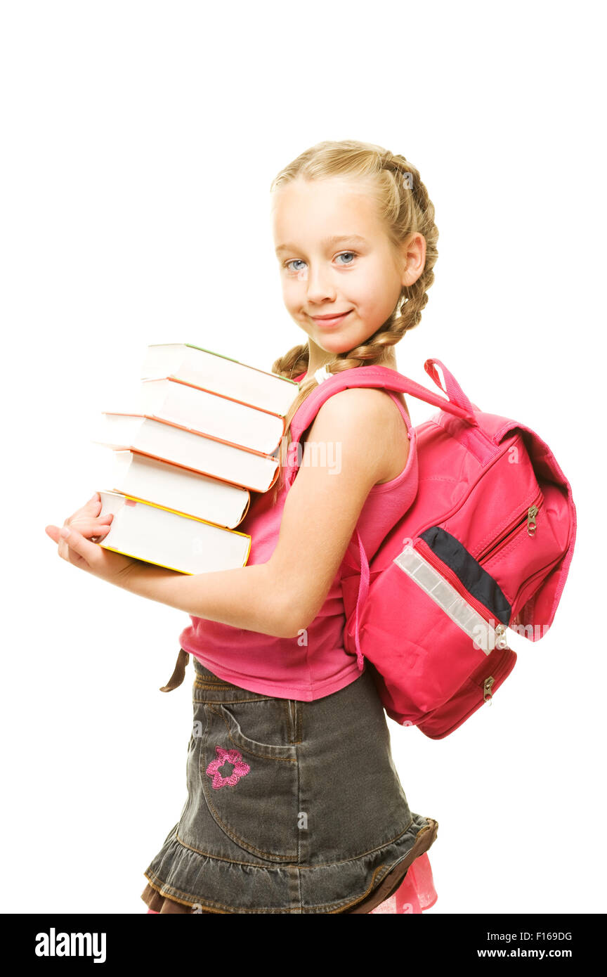 Happy little schoolgirl with a stack of heavy books Stock Photo - Alamy