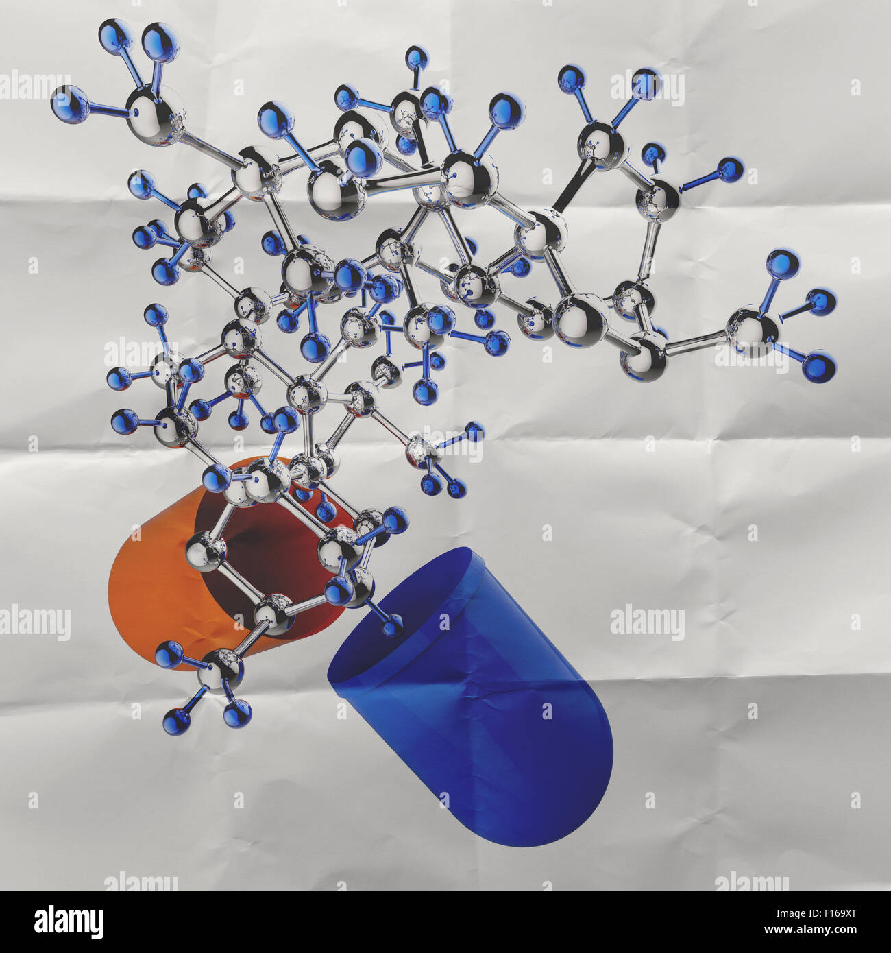 medical capsule and molecule structure on crumpled paper as concept ...