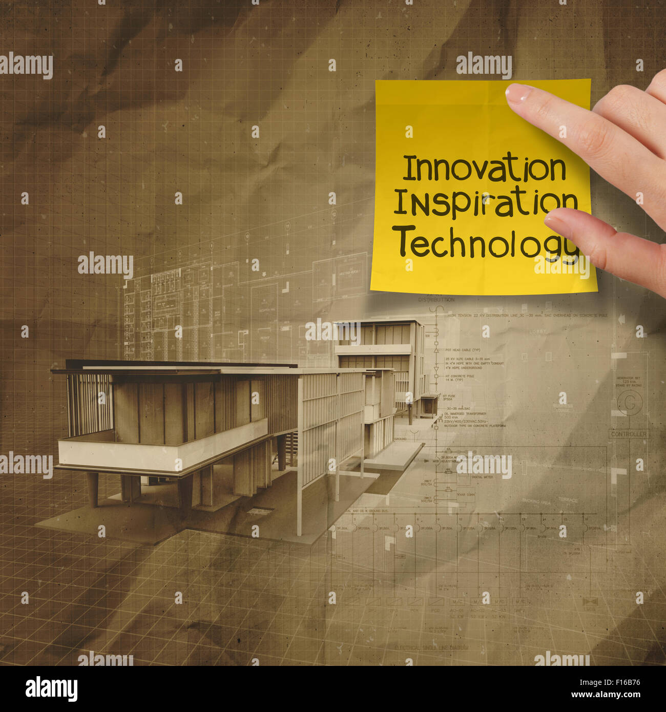 hand show innovation on sticky note with modern architectural on crumpled recycle paper background Stock Photo