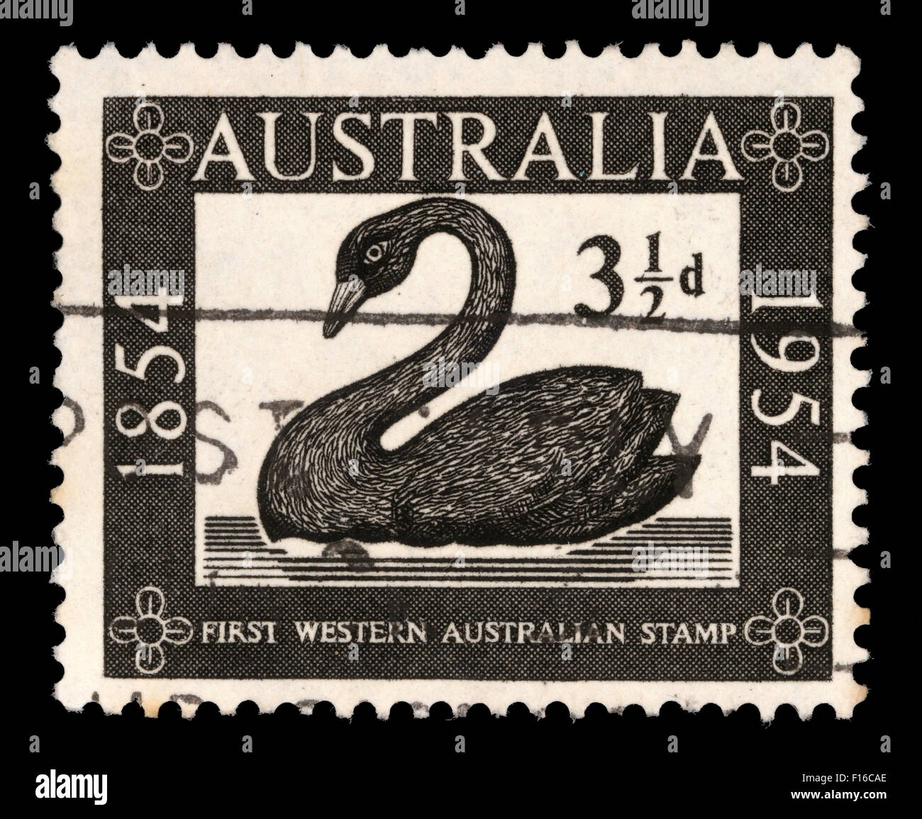 Stamp printed in Australia shows the Swan, Western Australian first postage stamp, centenary