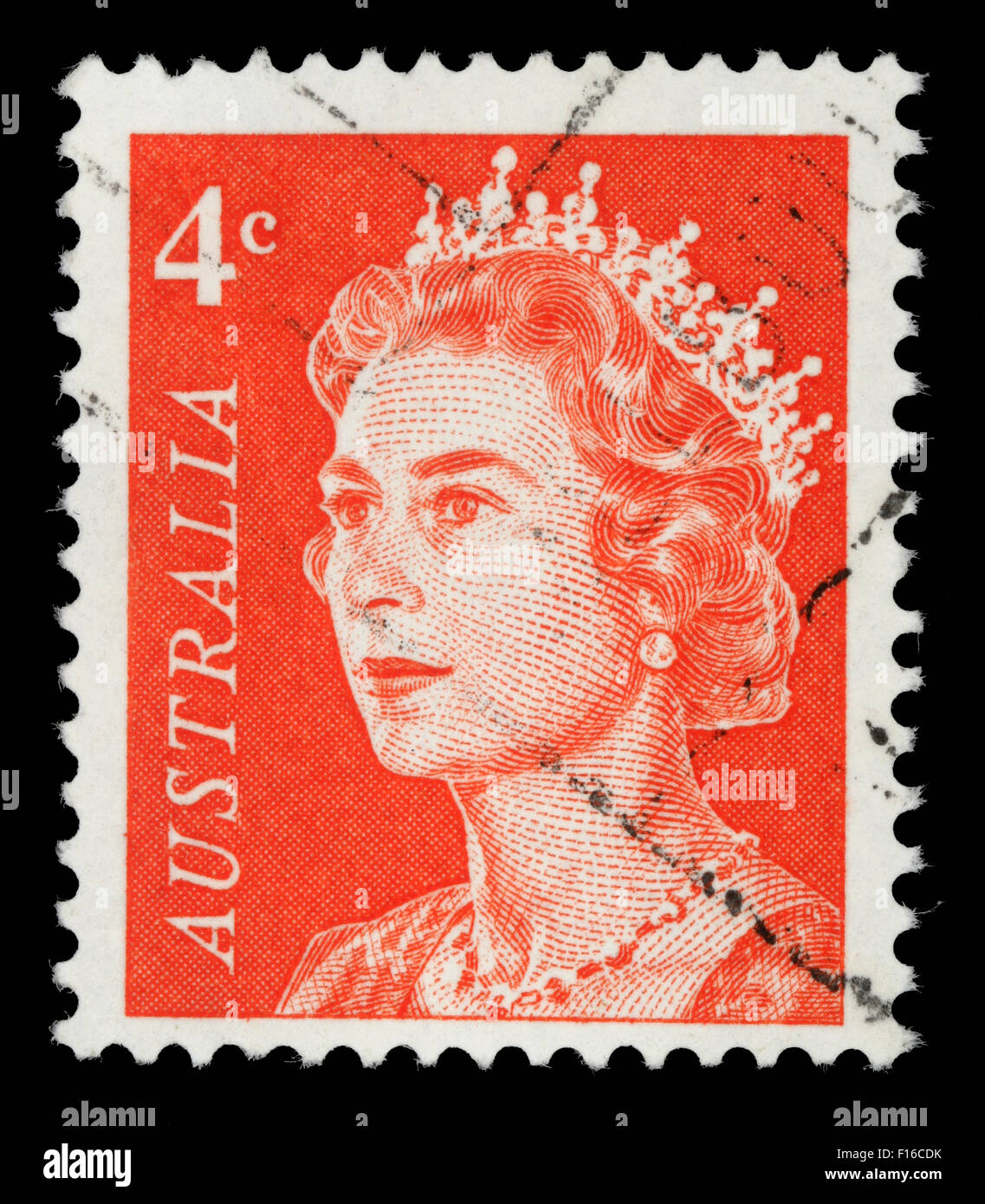 Stamp printed in Australia shows a portrait of Queen Elizabeth II ...