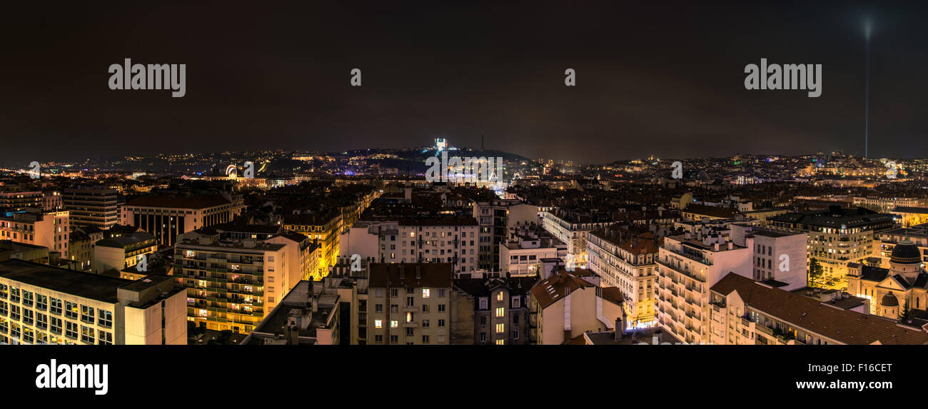 LYON, FRANCE - DECEMBER 6, 2014: panoramic night view of downtown in Lyon, France. Lyon is the capital of the Rhone-Alpes region Stock Photo