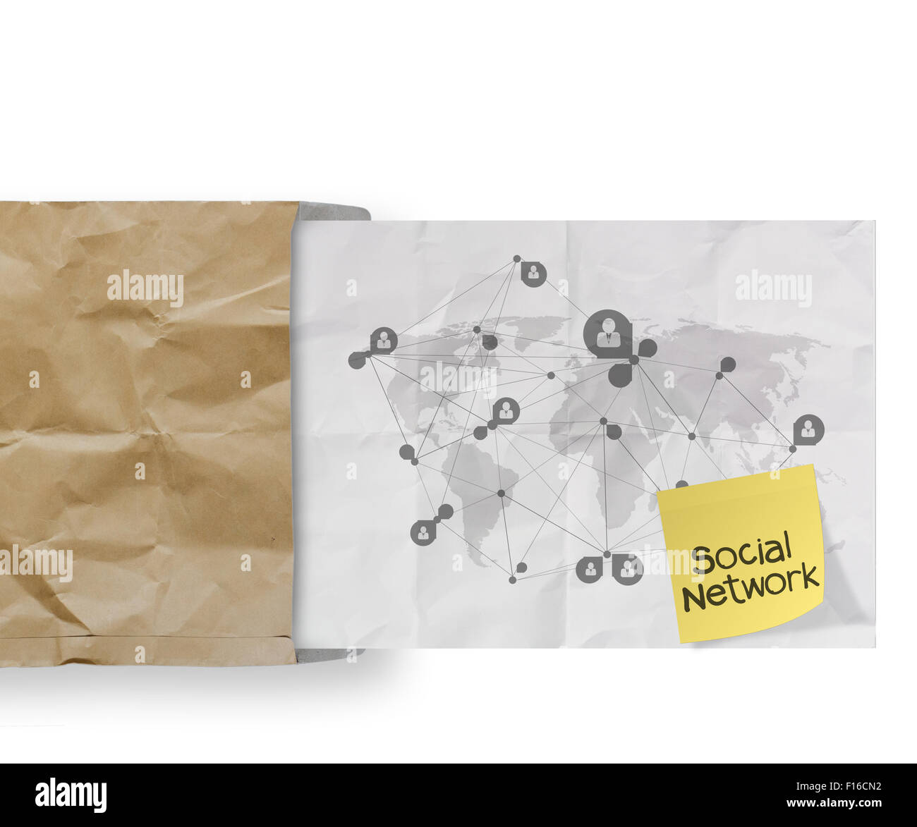 sticky note human social network on crumpled paper background as ...
