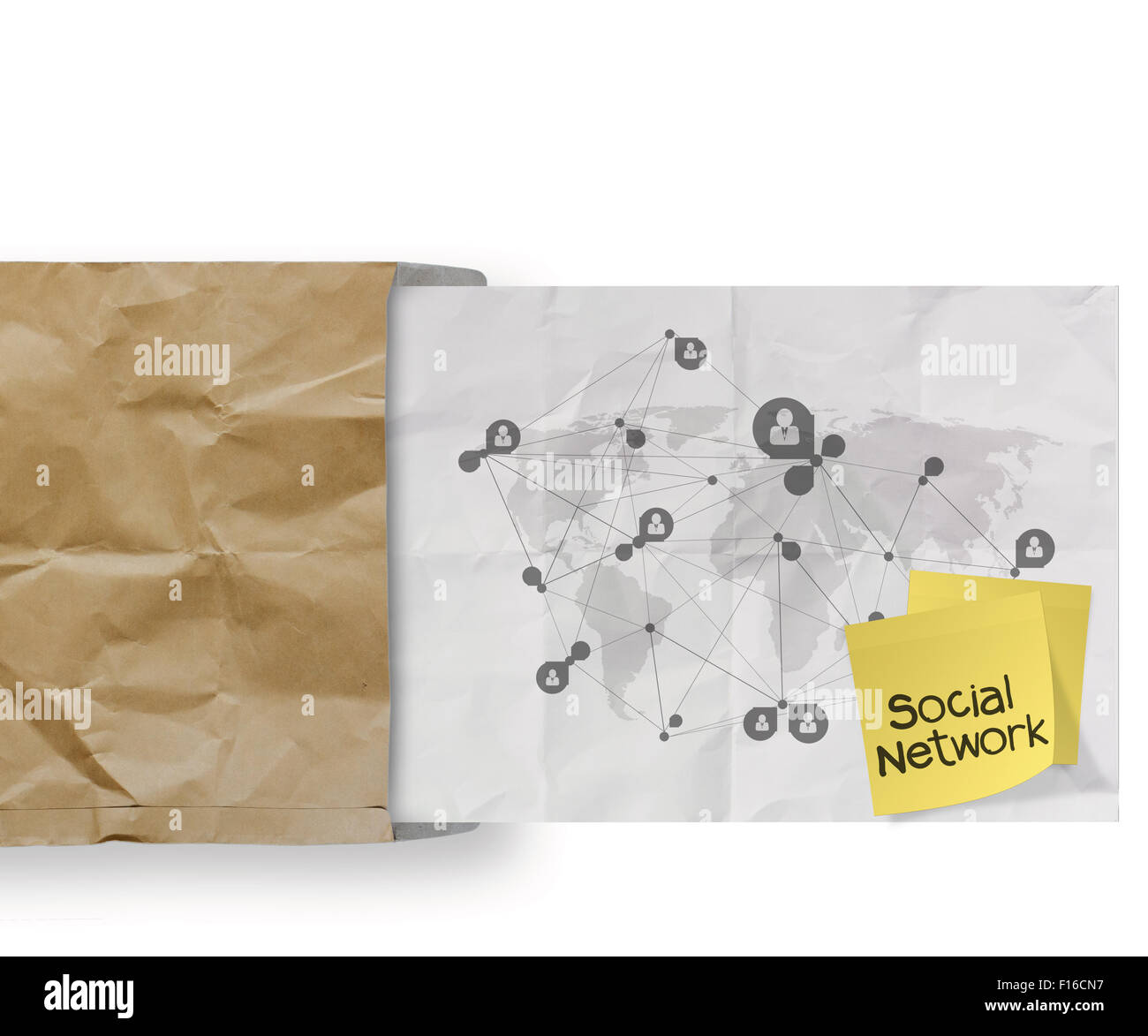 sticky note human social network on crumpled paper background as ...