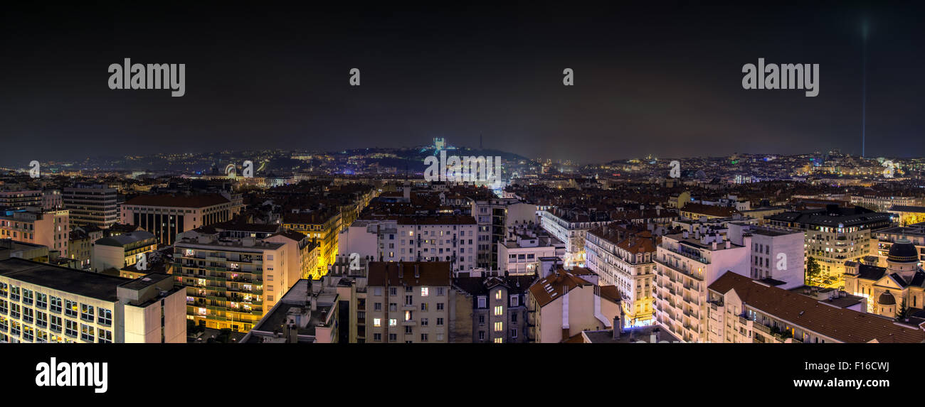 LYON, FRANCE - DECEMBER 6, 2014: panoramic night view of downtown in Lyon, France. Lyon is the capital of the Rhone-Alpes region Stock Photo