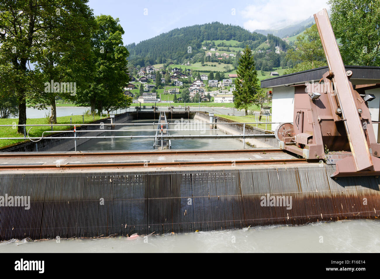 Barrage of water at power plant turbines for producing electricity of Engelberg on the Swiss alps Stock Photo