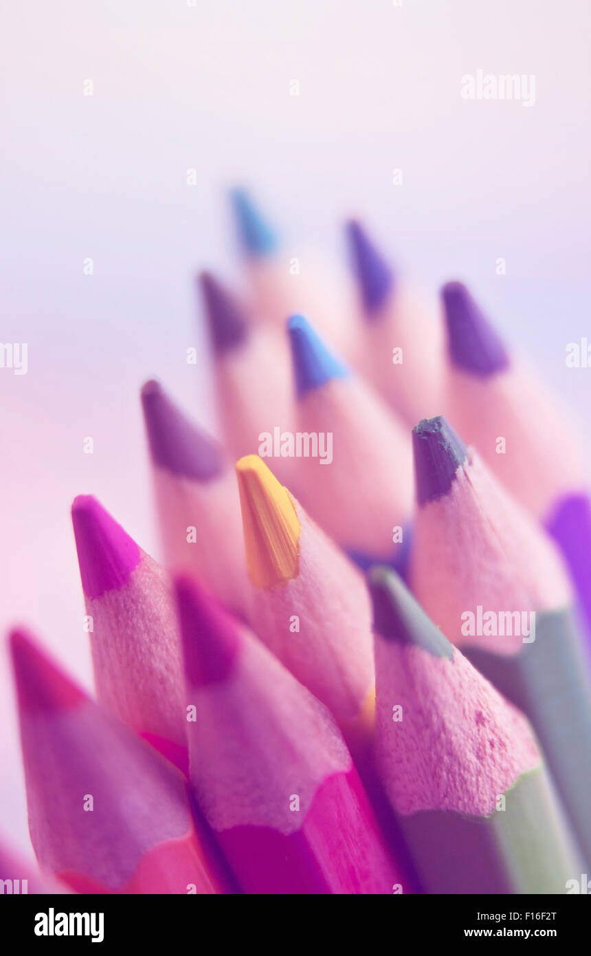 Closeup colorful pencil crayons vintage, Selective focus Stock Photo