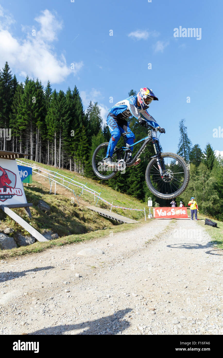 Val Di Sole, Italy - 22 August 2015: Giant Factory Off-Road Team, Rider Gutierrez Villegas Marcelo in action during the mens elite Downhill final World Cup at the Uci Mountain Bike in Val di Sole, Trento, Italy Stock Photo