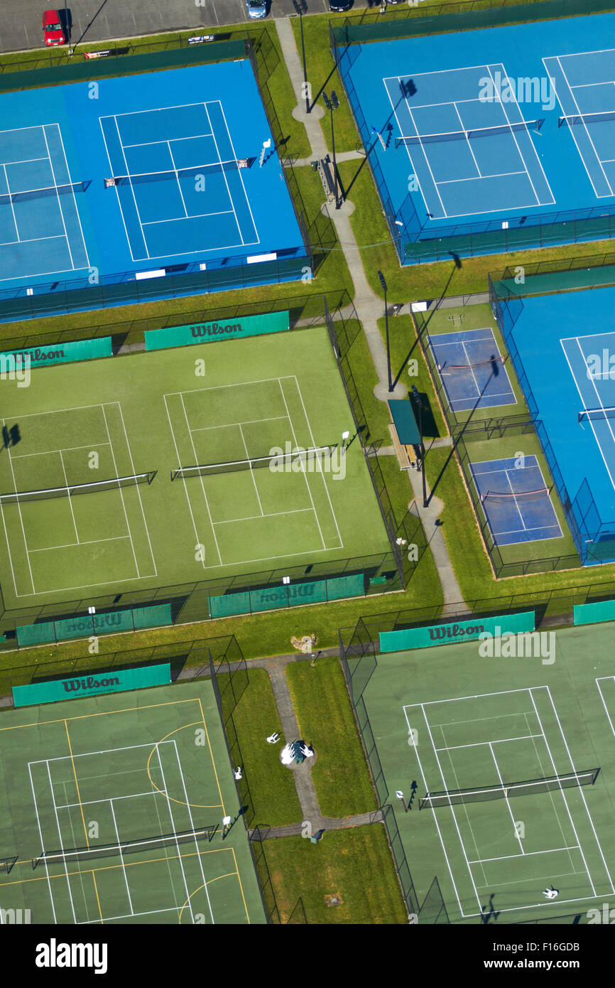 Tennis courts, Albany, Auckland, North Island, New Zealand - aerial Stock Photo